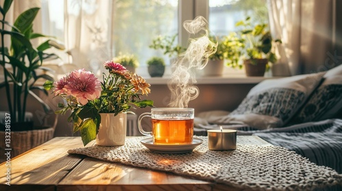 Warm Autumn Day Cozy Home Tea Flowers and Sunlight