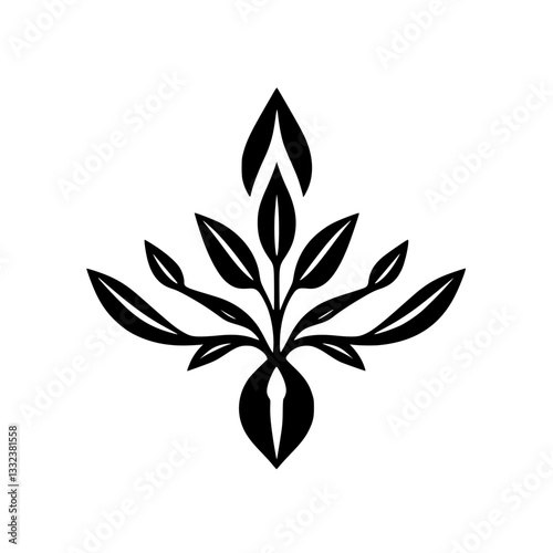 A symmetrical, stylized black and white floral design featuring leaves and a central seed-like element, conveying elegance.