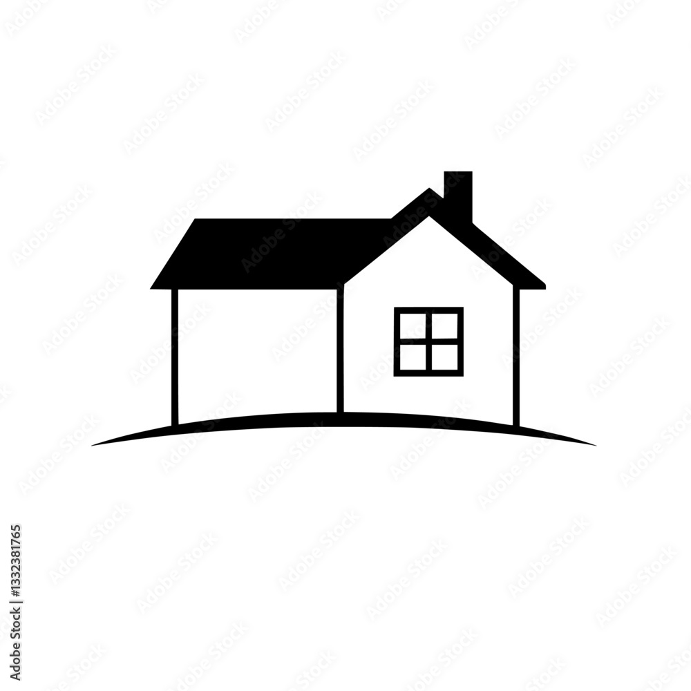 Simplified black and white line art of a house on a small hill, with a chimney, window, and porch-like extension. Simplified black and white line art of a house on a small hill, with a chimney, window, and porch-like extension.