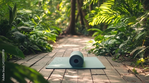 Rolled Yoga Mat on Wooden Path in Lush Greenery