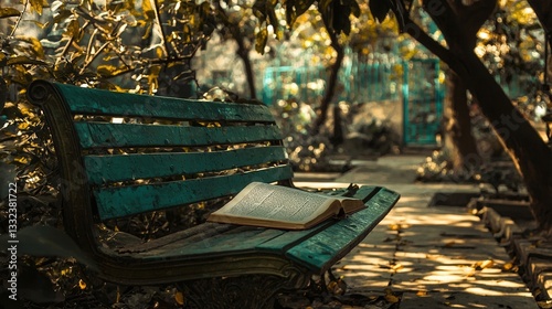 Serene Autumnal Park Bench with Open Book