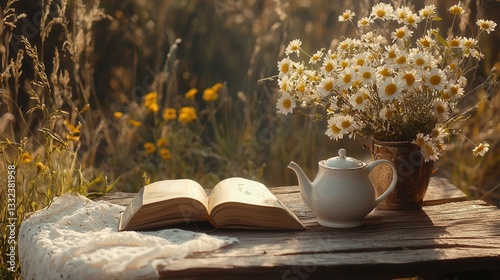 Tranquil Summer Scene Open Book Teapot and Wildflowers