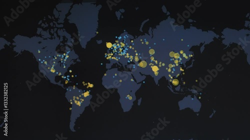 World map with different targets for cyber attack. Hacking and technology concept. Macro shooting at monitor pixels
