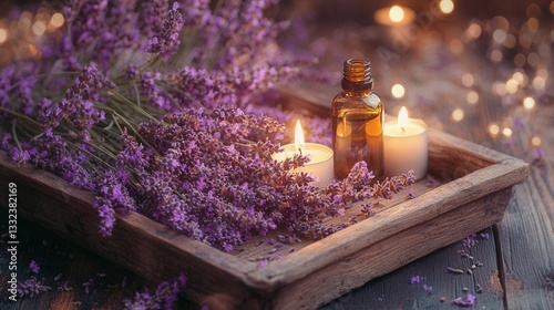 Tranquil Lavender Spa Scene with Candles and Essential Oil