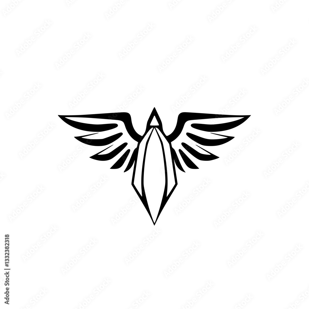 Abstract Black and White Geometric Winged Emblem, Minimalist Design with a Diamond-Shaped Body, Modern and Symbolic Illustration. Abstract Black and White Geometric Winged Emblem, Minimalist Design with a Diamond-Shaped Body, Modern and Symbolic Illustration.