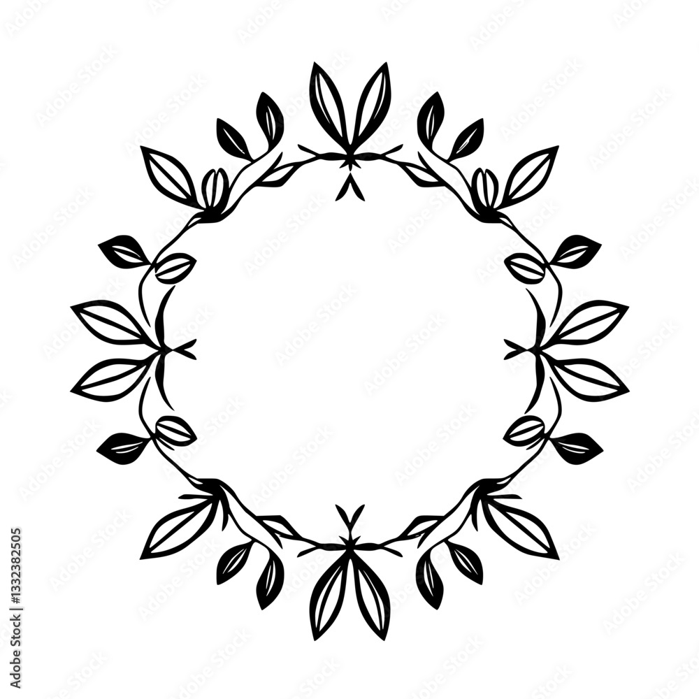 Fototapeta premium A symmetrical black and white floral wreath design featuring stylized leaves and branches, creating a decorative circular frame.