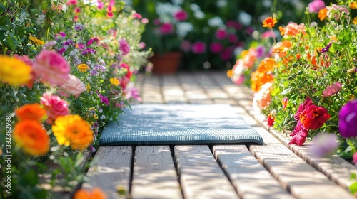 Serene Yoga Mat on Wooden Path Between Vibrant Flowerbeds