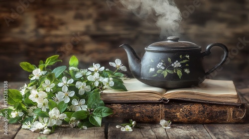 Steaming Teapot on Antique Books with Spring Blossoms