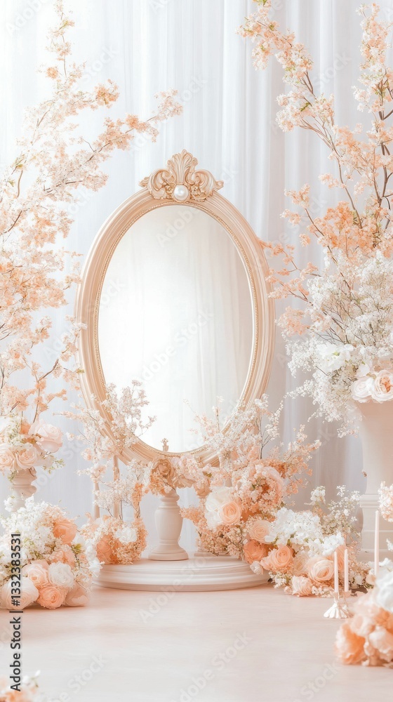 A softly lit scene featuring an ornate mirror surrounded by delicate flowers and pastel decor, creating an elegant and tranquil ambiance. A softly lit scene featuring an ornate mirror surrounded by delicate flowers and pastel decor, creating an elegant and tranquil ambiance.