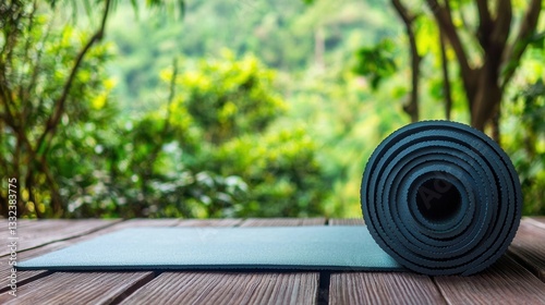 Rolled Yoga Mat on Wooden Deck Green Nature Background