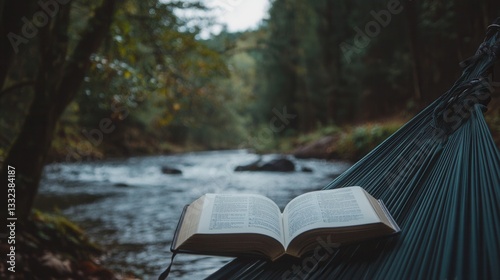 Serene River Open Book in Hammock Peaceful Nature Scene