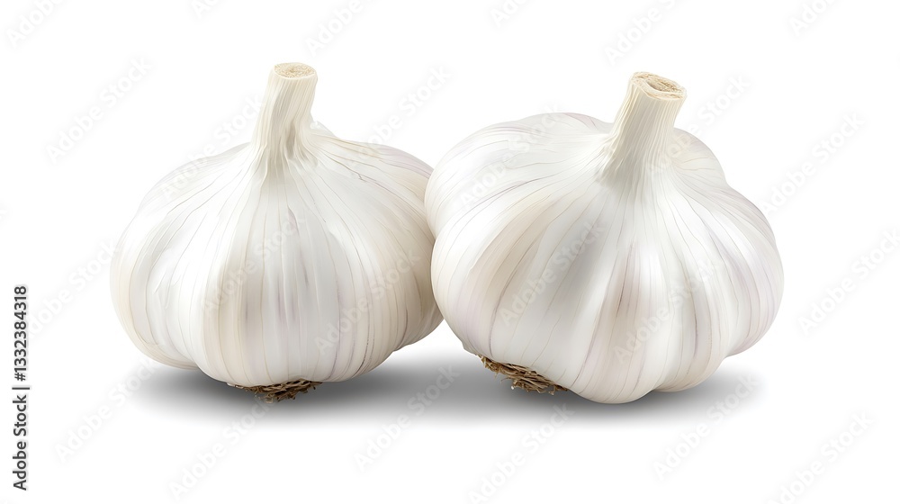 Obraz premium Two fresh white garlic bulbs isolated on a clean backdrop