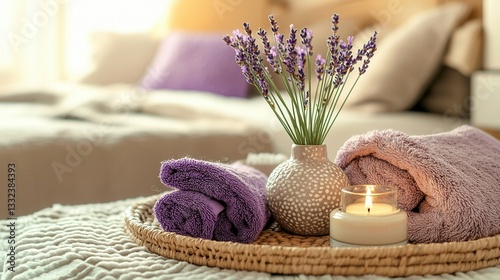 Serene Bedroom Setting with Lavender Towels and Candle