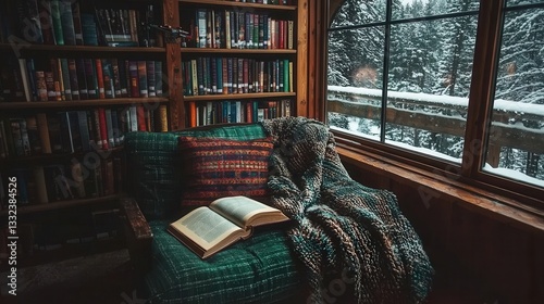 Cozy reading nook with book blanket and winter window view
