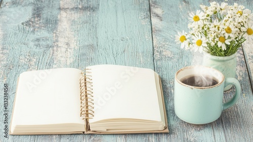 Open Notebook Hot Drink Flowers Wooden Table Cozy Morning
