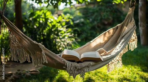 Serene Relaxation Open Book in a Hammock Sunlit Garden