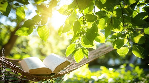 Serene Summer Relaxation Book in Hammock Sunlight Through Leaves