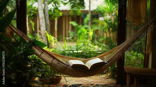Tranquil Hammock Scene Open Book Lush Greenery Peaceful Relaxation