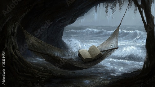 Tranquil Hammock by the Ocean Waves with Open Book