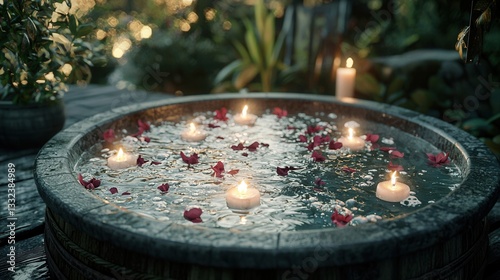 Tranquil Water Feature with Floating Candles and Petals
