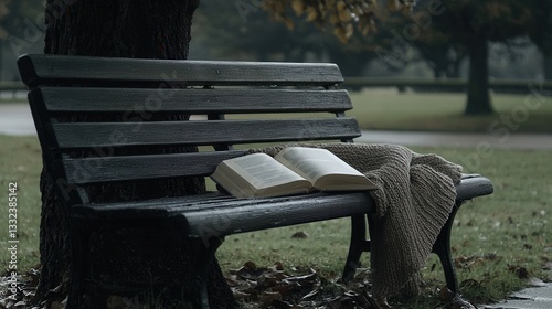 Rainy Day Park Bench with Open Book and Knitted Sweater