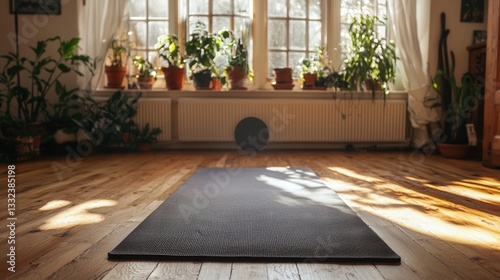 Sunlit Room Yoga Mat Plants Wooden Floor Peaceful Atmosphere