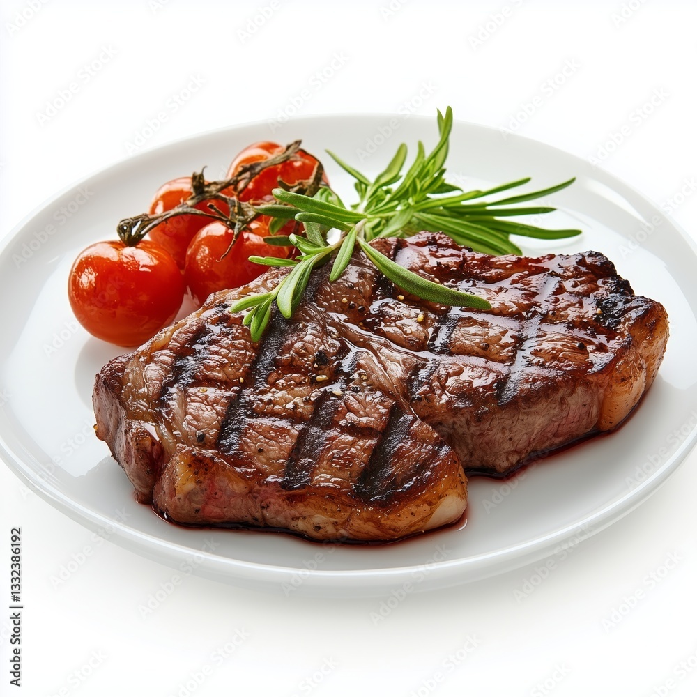 A succulent grilled steak served on a white plate, complemented by fresh cherry tomatoes and garnished with aromatic rosemary, showcasing a delicious and flavorful gourmet meal. A succulent grilled steak served on a white plate, complemented by fresh cherry tomatoes and garnished with aromatic rosemary, showcasing a delicious and flavorful gourmet meal.