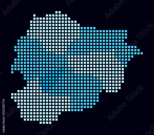 Andorra dotted map. Digital style map of the country on dark background. Andorra shape with square dots. Colored dots style. Large size squares. Modern vector illustration.