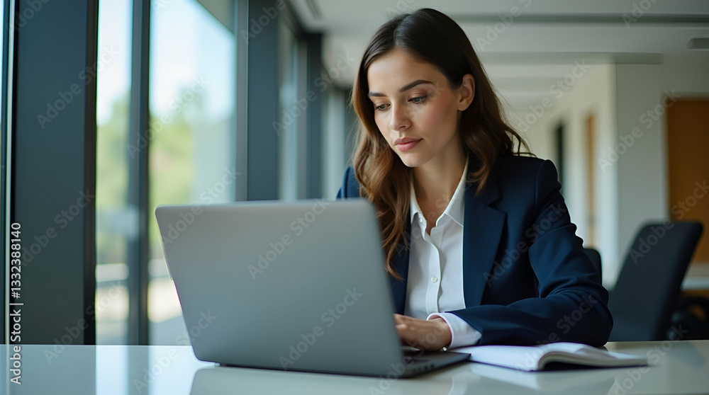 Focused Young Businesswoman Typing on Sleek Laptop in Modern Workspace: Managing Deadlines and Boosting Productivity in a Polished Office Environment Focused Young Businesswoman Typing on Sleek Laptop in Modern Workspace: Managing Deadlines and Boosting Productivity in a Polished Office Environment