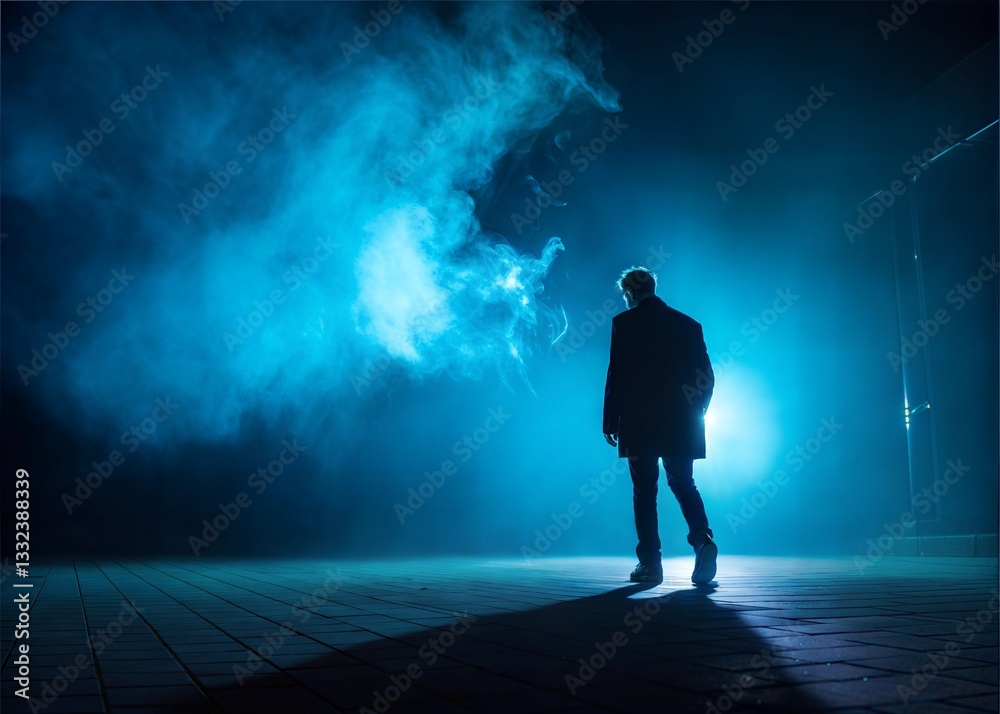 Lonely Silhouette of a Man Walking at Night in a Mystical Blue Fog Lonely Silhouette of a Man Walking at Night in a Mystical Blue Fog