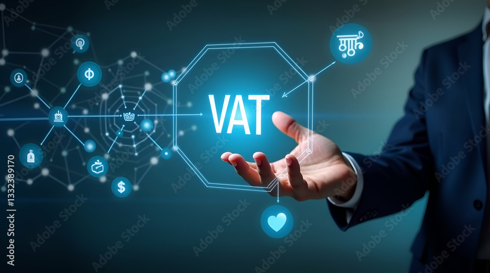 Fototapeta premium Flat Hand Operating Holographic Device to Explain VAT Rules in Europe: A Cute Vector Illustration Emphasizing Regional Compliance in Business