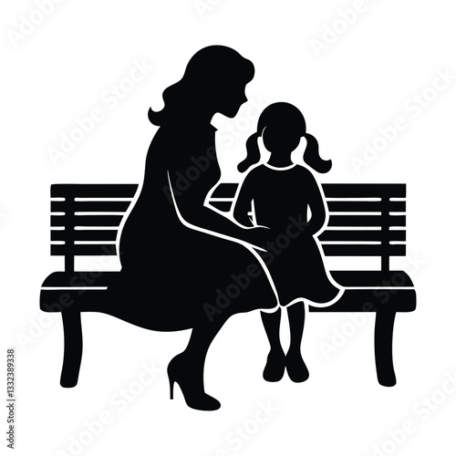 Mother Son Sitting on a Bench black Silhouette