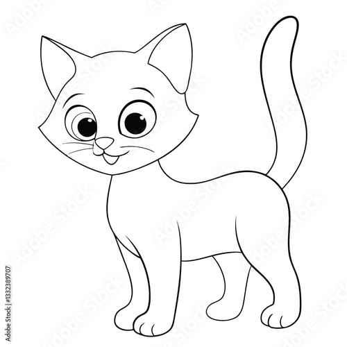 A simple line drawing of a cartoon cat, perfect for coloring books or educational activities.