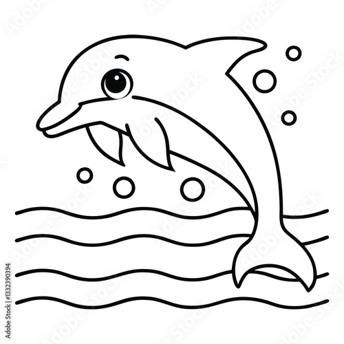 Cute dolphin jumping out of the water, black and white coloring page.