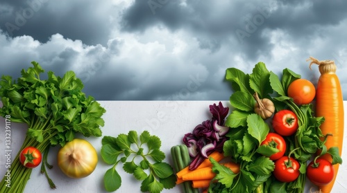 Assorted Fresh Vegetables and Herbs with Dramatic Cloudy Sky Backdrop