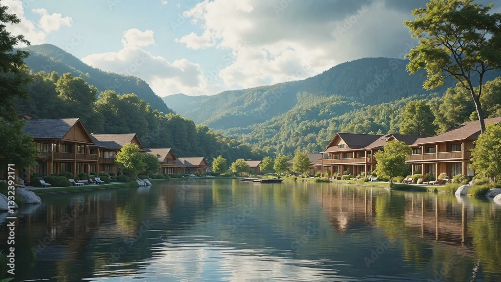 Conceptual representation of a harmonious lakeside community with nature Conceptual representation of a harmonious lakeside community with nature
