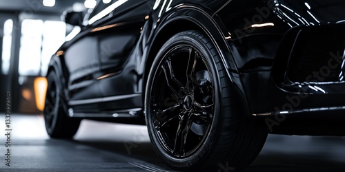 A close-up view of a black SUV tire set in a contemporary and stylish environment.