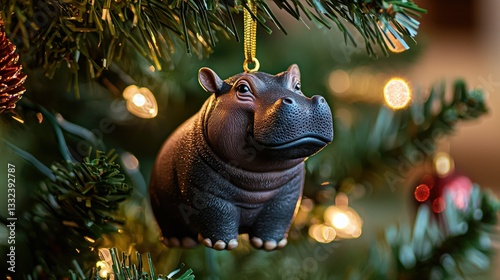 A cute holiday hippo figurine hanging from a Christmas tree, glowing with warmth and surrounded by festive decorations
