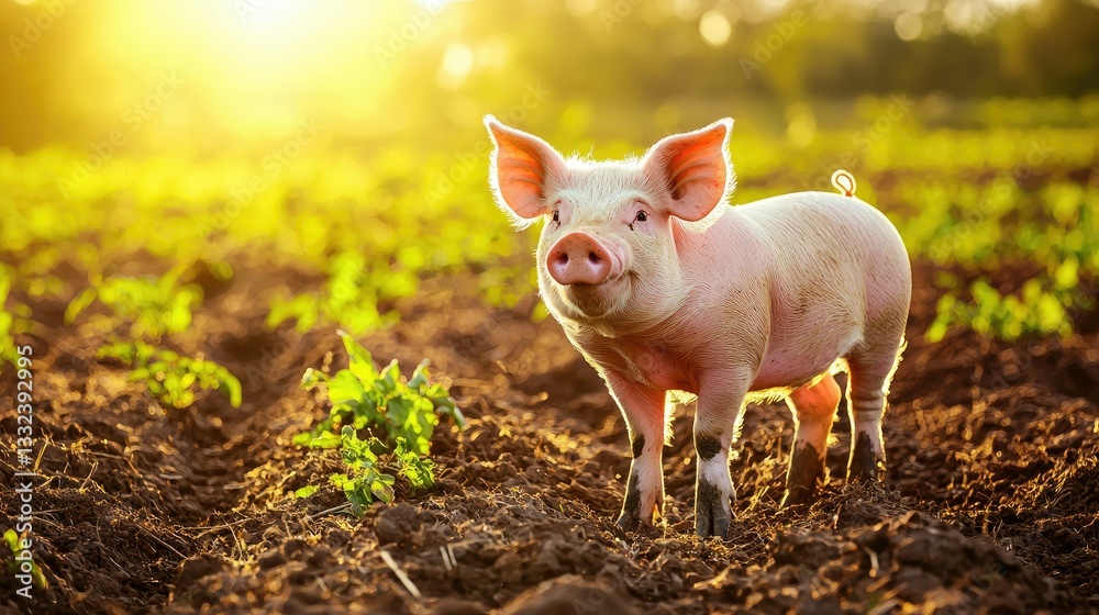 A cute pig standing in a sunlit field, symbolizing gratitude for Thanksgiving and Earth Day1 A cute pig standing in a sunlit field, symbolizing gratitude for Thanksgiving and Earth Day1