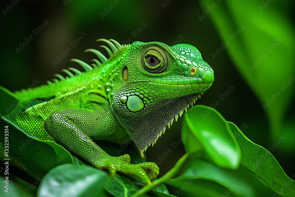 A striking green iguana blending seamlessly with its leafy environment. A striking green iguana blending seamlessly with its leafy environment.