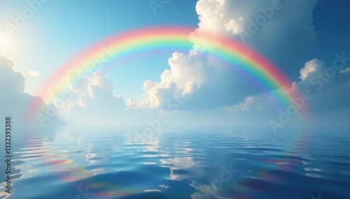 A gentle rainbow's gentle curve over calm water, reflection, serenity