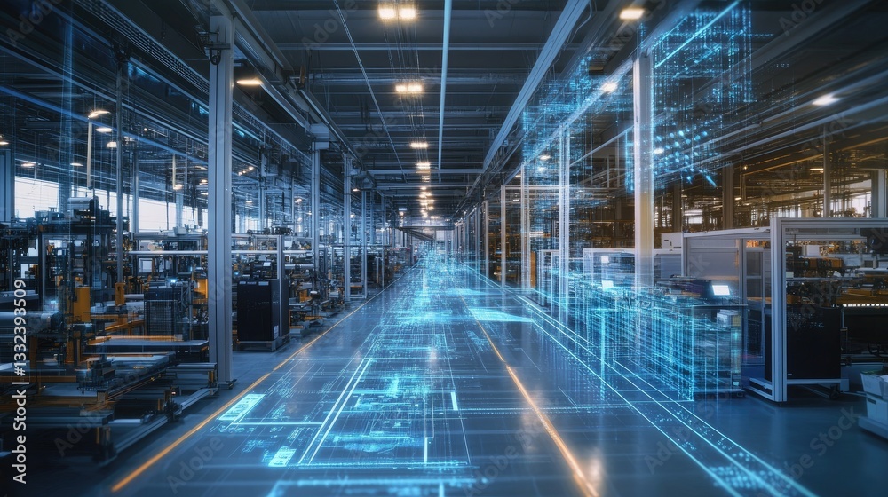 A cutting-edge manufacturing hub featuring interconnected logistics systems, AI-driven processes, and a smart production line A cutting-edge manufacturing hub featuring interconnected logistics systems, AI-driven processes, and a smart production line