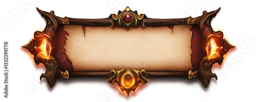 Ornate Game Interface Scroll with Brown and Gold Accents Glowing Red and Orange Elements on White Background Fantasy Theme