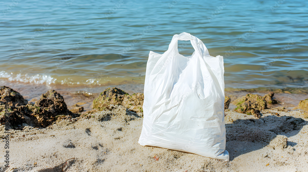 A plastic bag on the shore symbolizes ocean pollution and environmental harm, highlighting the need for ecological awareness and responsible waste management.
A plastic bag on the shore symbolizes ocean pollution and environmental harm, highlighting the need for ecological awareness and responsible waste management.