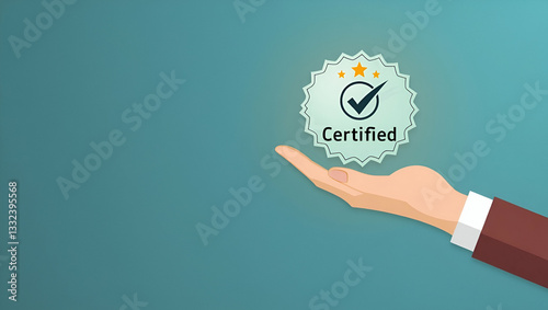 Flat Hand Holding Holographic Certified Badge with Checkmark and Stars - Symbolizing Quality Assurance and Accreditation in a Cute Vector Illustration for Smart Business