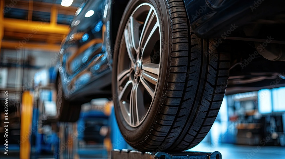 custom made wallpaper toronto digitalA detailed close-up of a car tire on an elevated lift inside an automotive workshop, showcasing maintenance and repair work