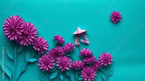 Artistic Floral Scene with Decorative Figure in a Purple Flower Field