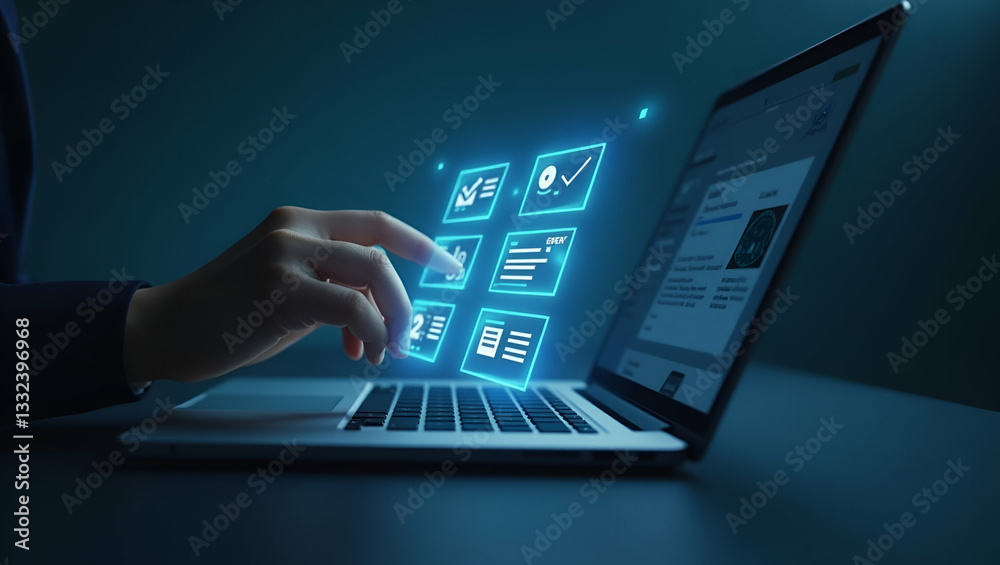 Obraz premium Hand interacting with holographic digital form checklist interface showing checkboxes documents survey icons on laptop in empty space concept as Hand interacts with holographic digital form checklist 