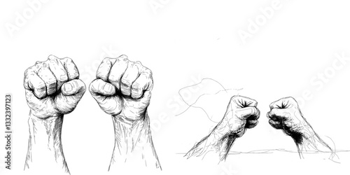 The idea of opposition and rivalry, embodied by the notion of conflict, is depicted through images of clenched fists, including sketches and paintings of modern fists