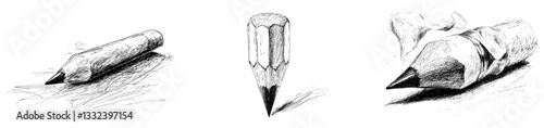 A hand-drawn cartoon pencil in doodle style is set against a white background as part of a collection of pencils